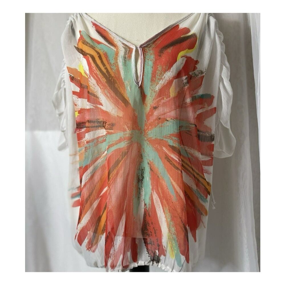 HALO Women's Large Blouse Sheer Cinched Short Sleeves Colorful Lightweight